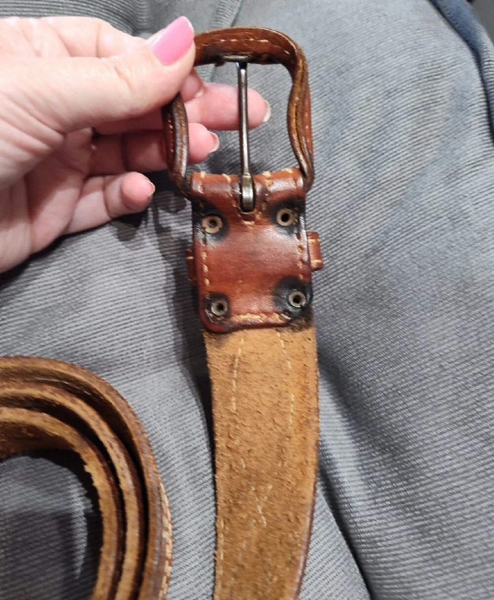 Vintage Brown Saddle Leather Belt Contrasting Stitching Size 36